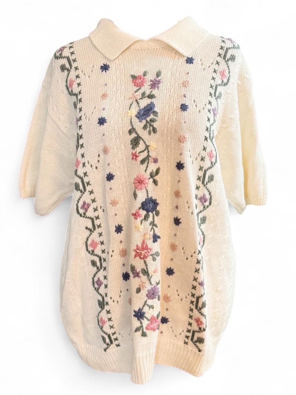 Alfred Dunner Floral Embroidered Collared Sweater – Size Medium
